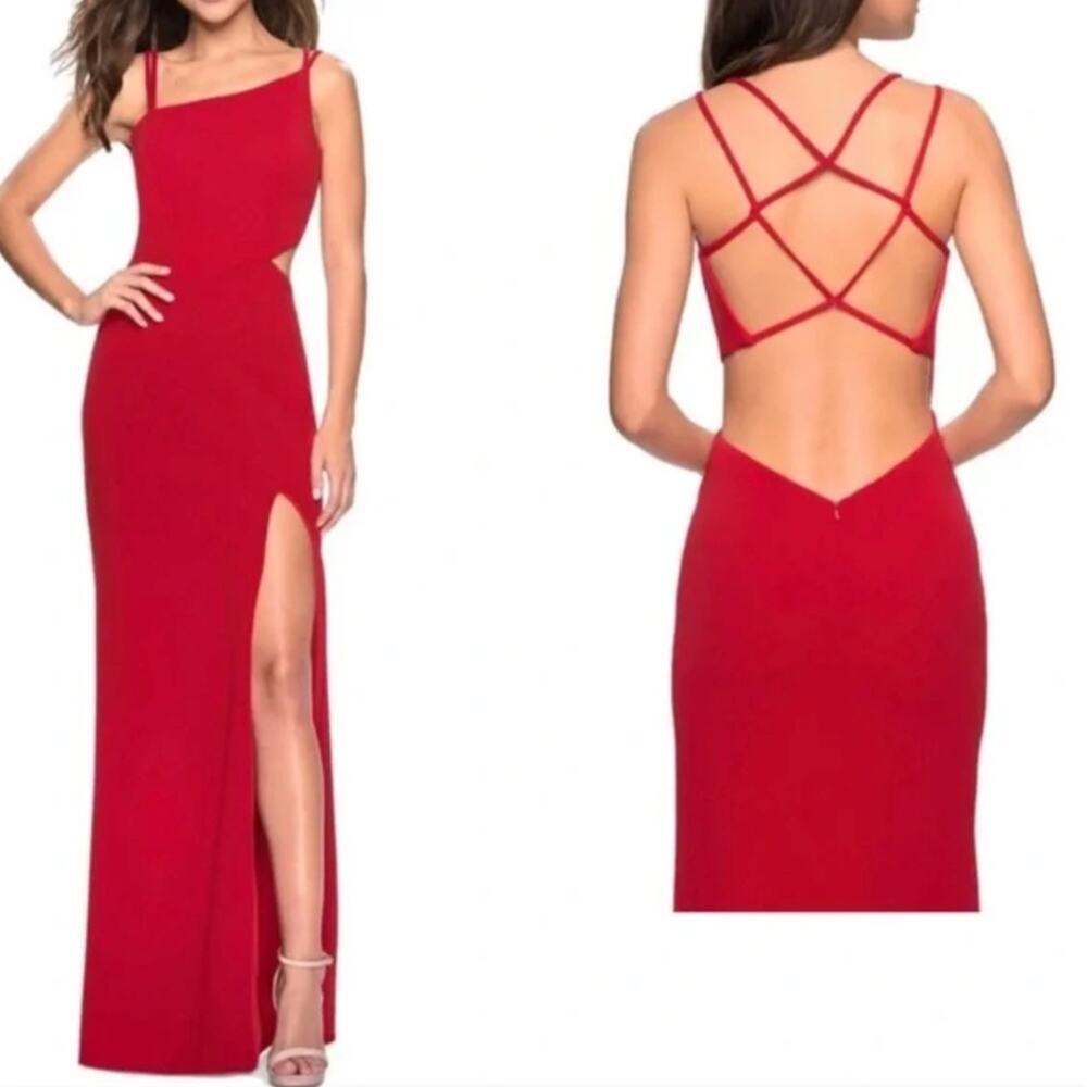 La Femme Asymmetric Neck Sleeveless Jersey Dress with Strappy Back